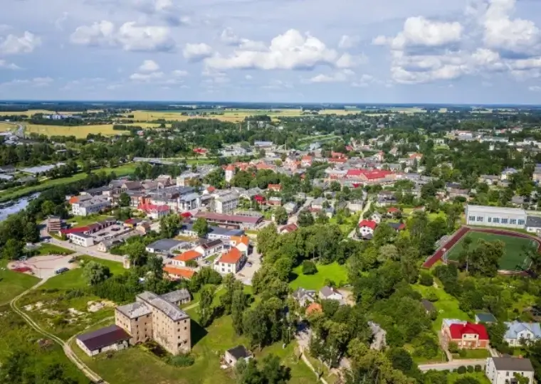 Aerial view of a town with residential buildings, greenery and surrounding fields
